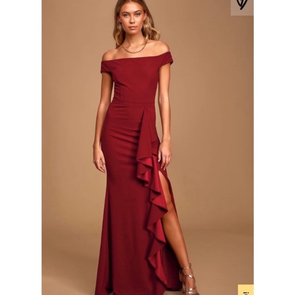 Lulus Dresses & Skirts - Lulu’s Mila Burgundy Ruffled Off The Shoulder Maxi Dress, size medium.  NWT.